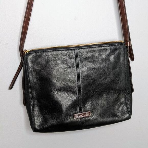 Fossil Black Gold Leather Zip Top Crossbody Bag - Picture 11 of 12
